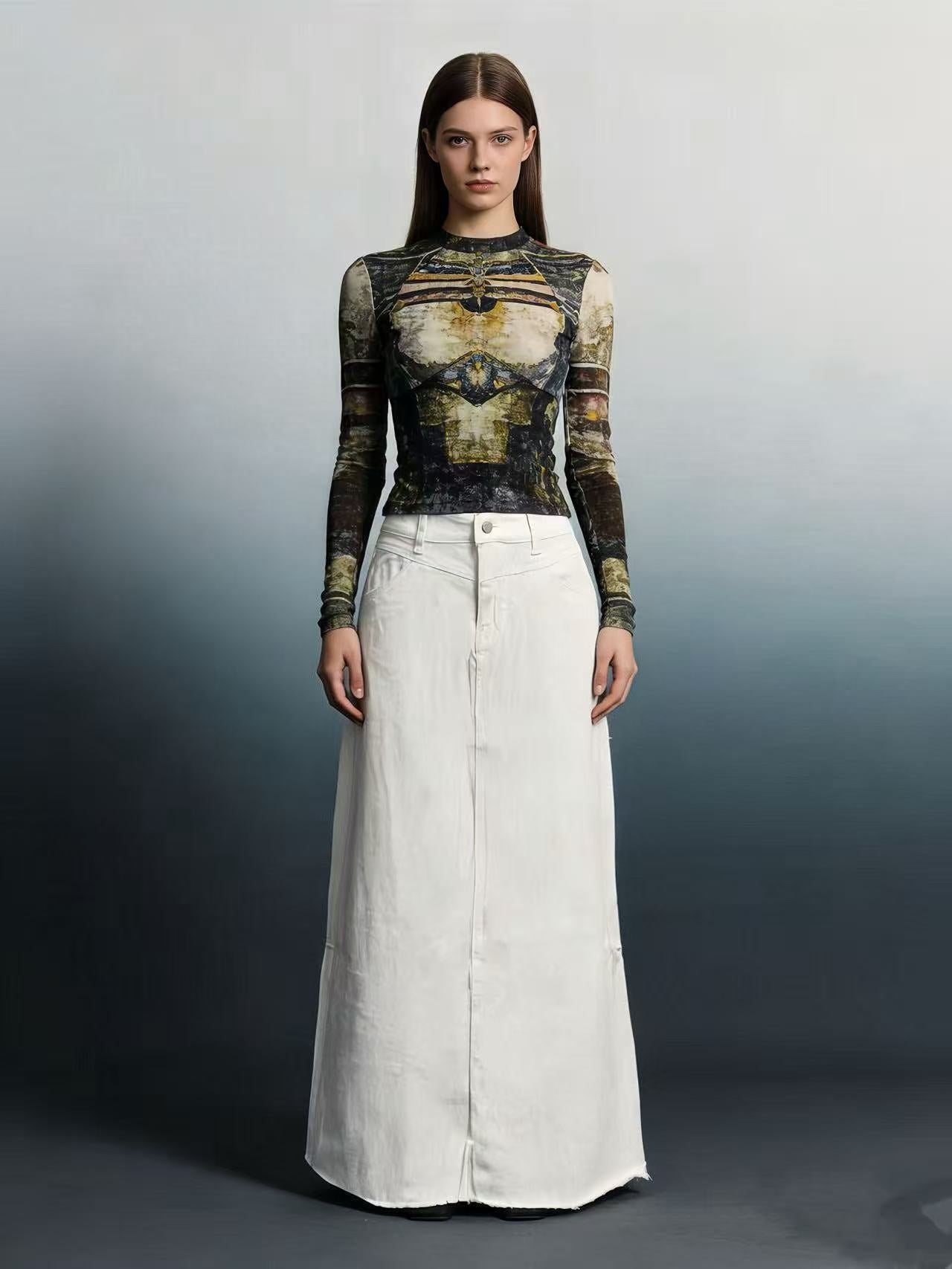 Damen Maxi-Rock Jeans Hochwerder mit Fransen