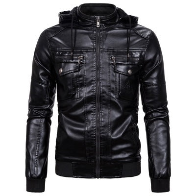 Herren Lederjacke Mit Kapuze Fleece Schwarz