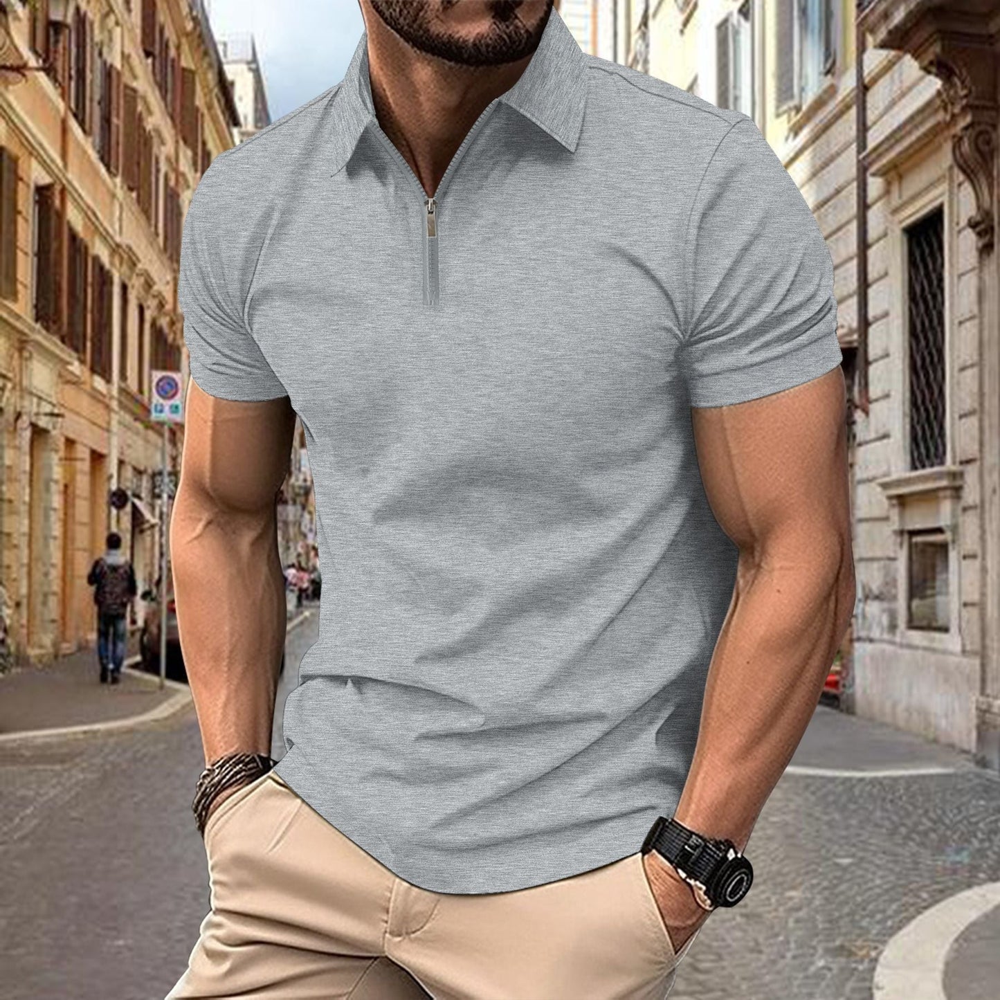 Herren Polohemd Modern Reißverschluss Slim Fit