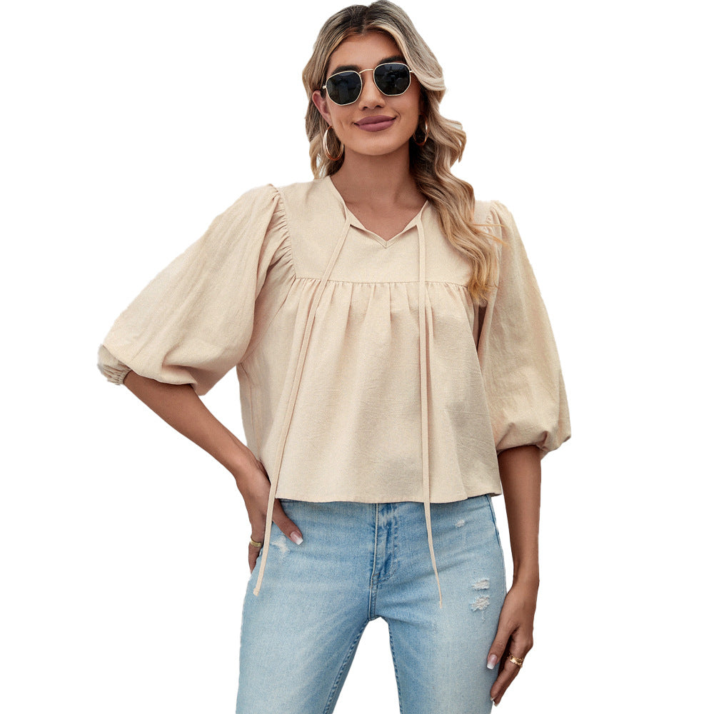 Damen Bluse Elegante Puffärmel Kordelzug Chic