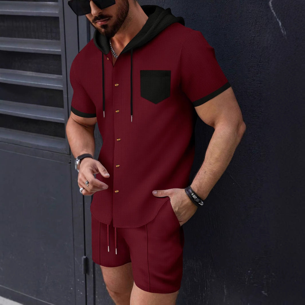 Herren Trainingsanzug Kurzarm mit Kapuze Taschen Sportlich