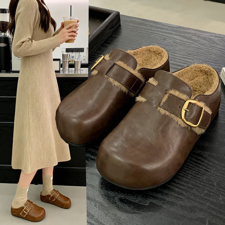 Damen Clogs Fellfutter Warme Schnalle Schuhe