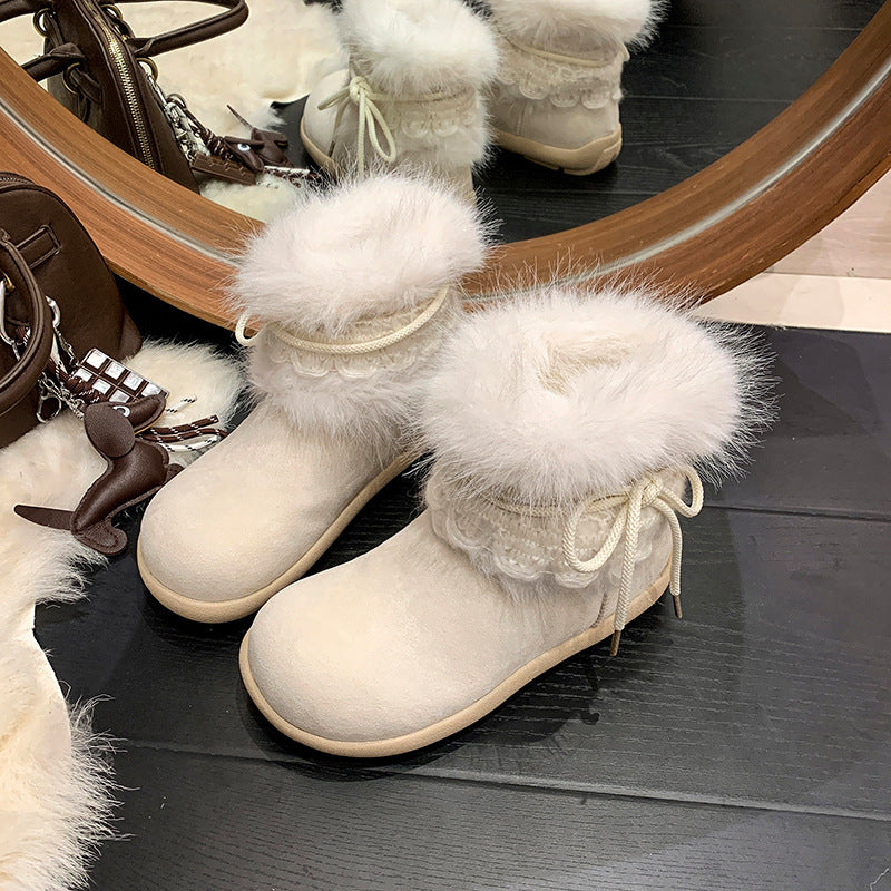 Damen Winterboots Flauschig Warm mit Fellkragen und Schnürsystem