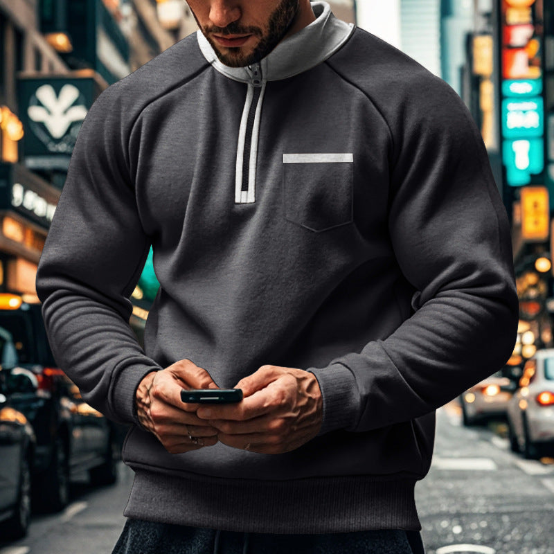 Herren Fleece-Pullover Modern mit Reißverschluss und Brusttasche