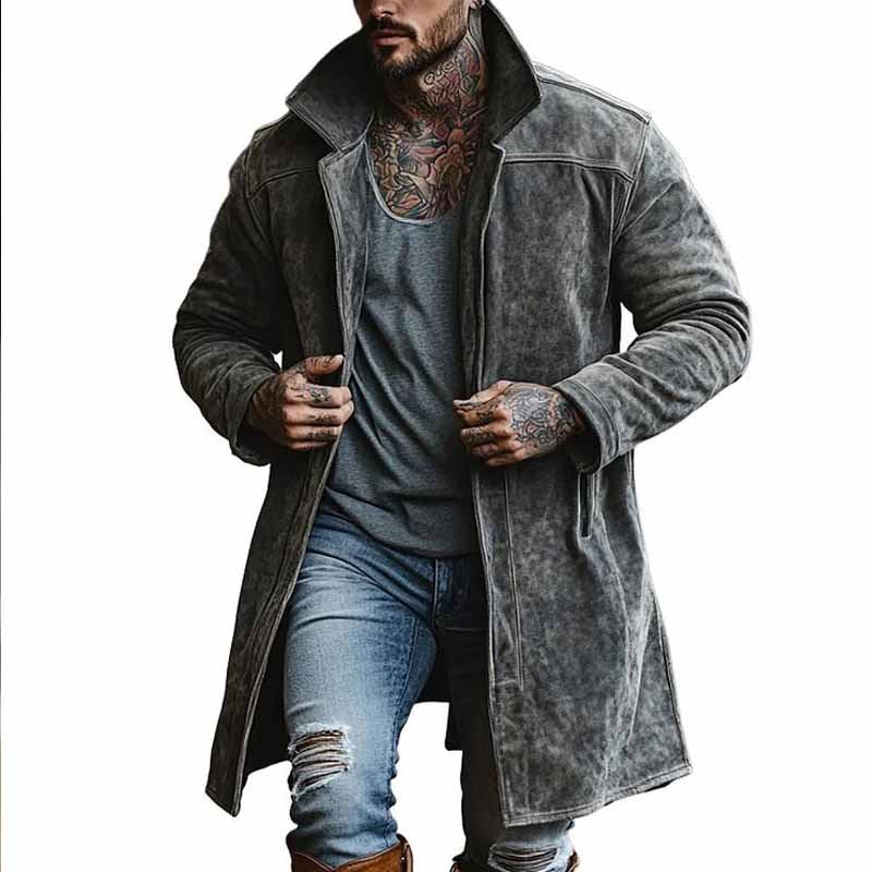 Herren Langmantel Wildleder Modern Schwarzer Ledermantel