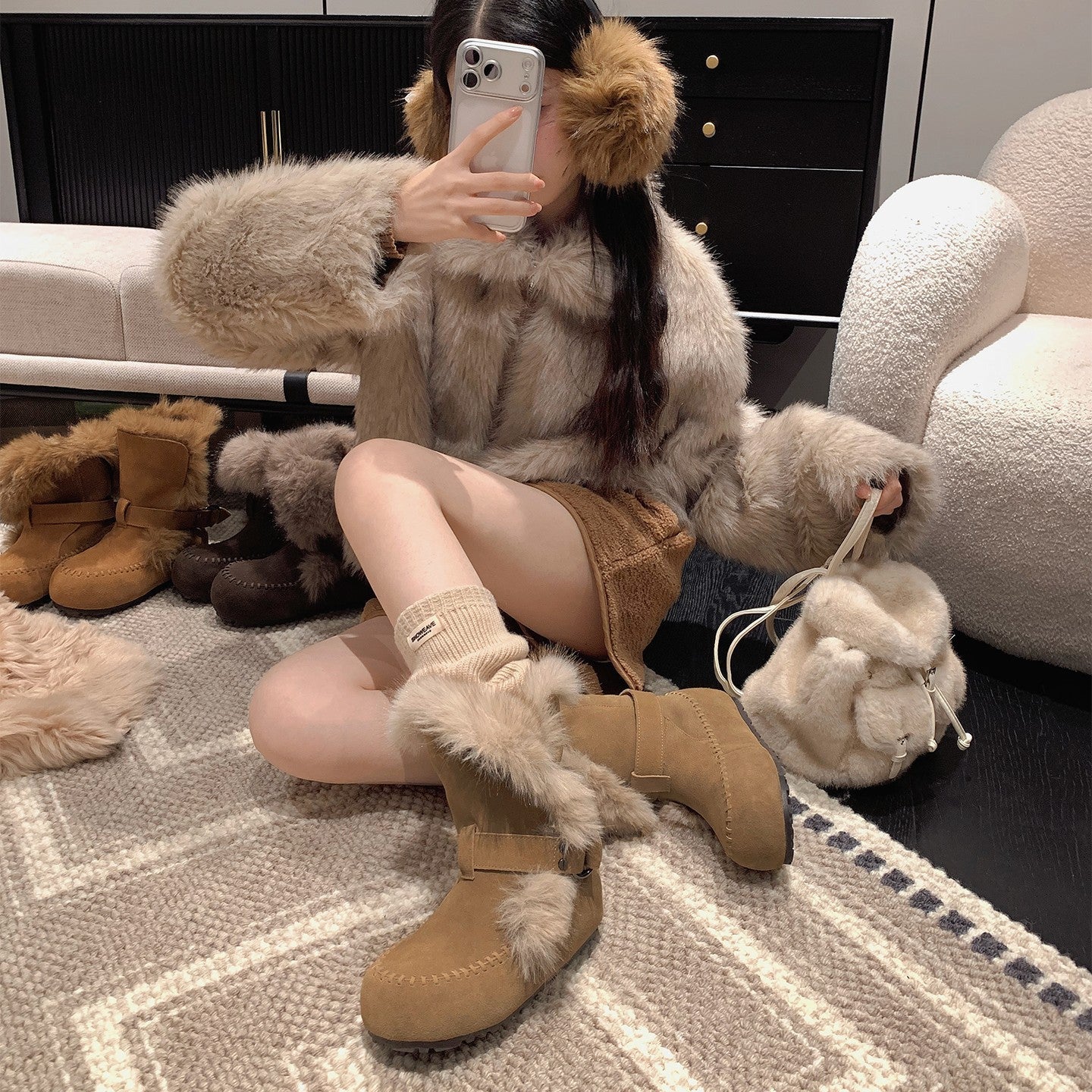 Damen Winterboots Weich Fellrand Kuschelig Warm