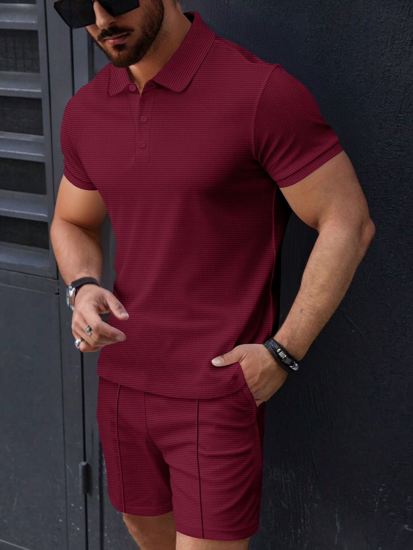 Herren Polohemd Kurzarm mit Shorts Set Sportlich Strukturiert