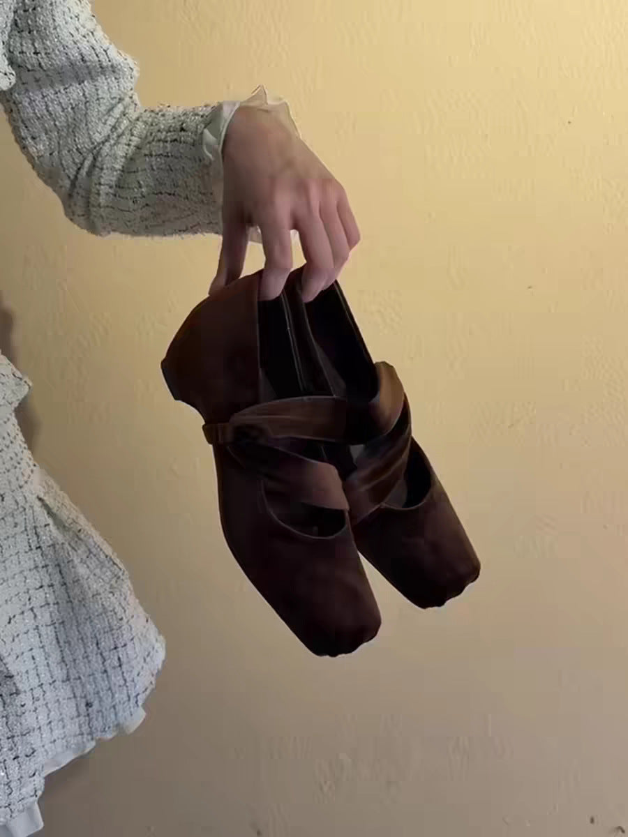 Damen Ballerinas Elegante Veloursleder Schuhe Mit Kreuzriemen