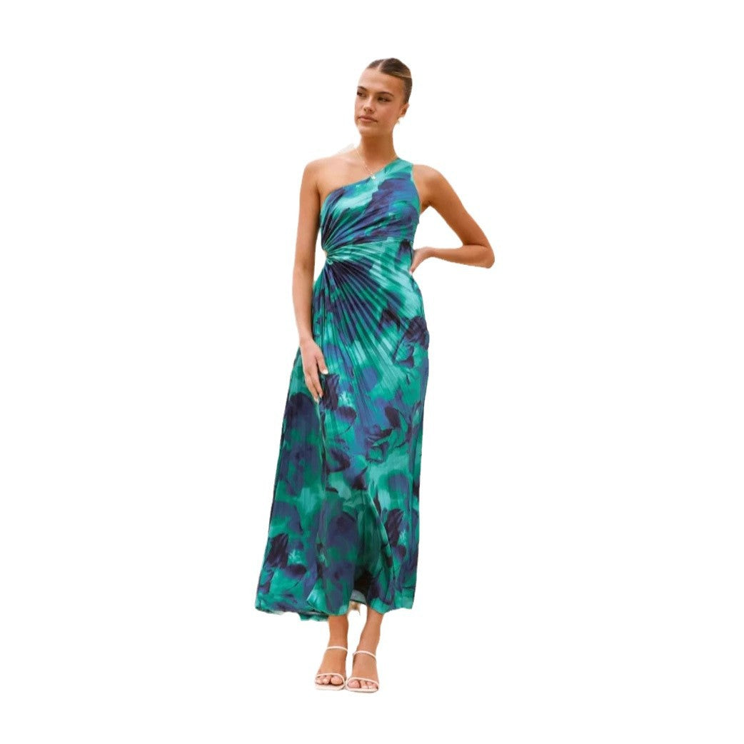 Elegantes Maxikleid Damen Asymmetrisch Falten Chic