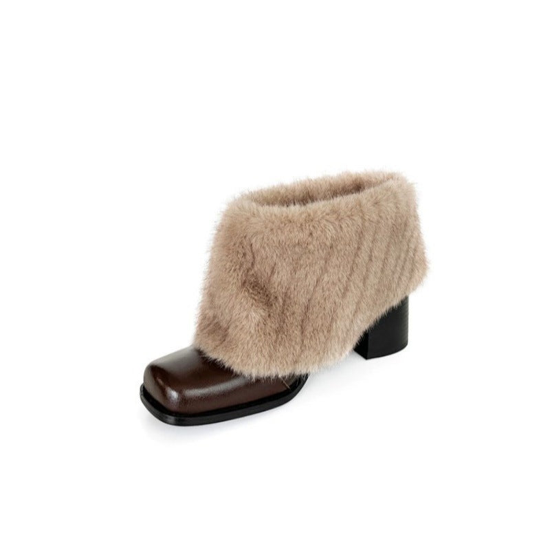 Damen Stiefeletten Luxus Kunstfell Bequem Blockabsatz