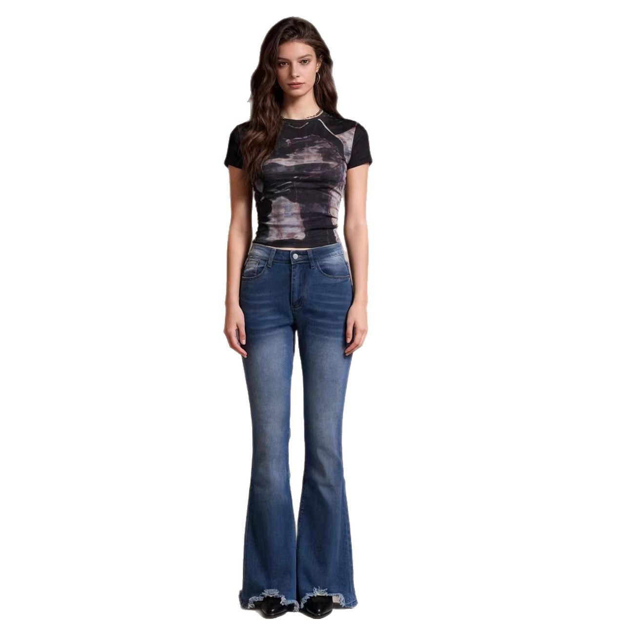 Damen Jeans Schlagjeans Fransen Saum Trendy