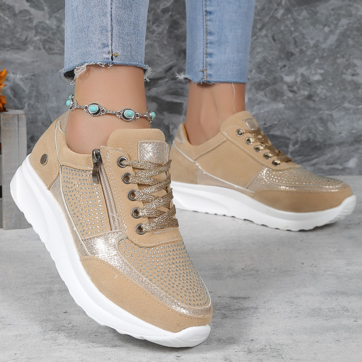 Damen Sneaker Strass Glitzer Reißverschluss Modern
