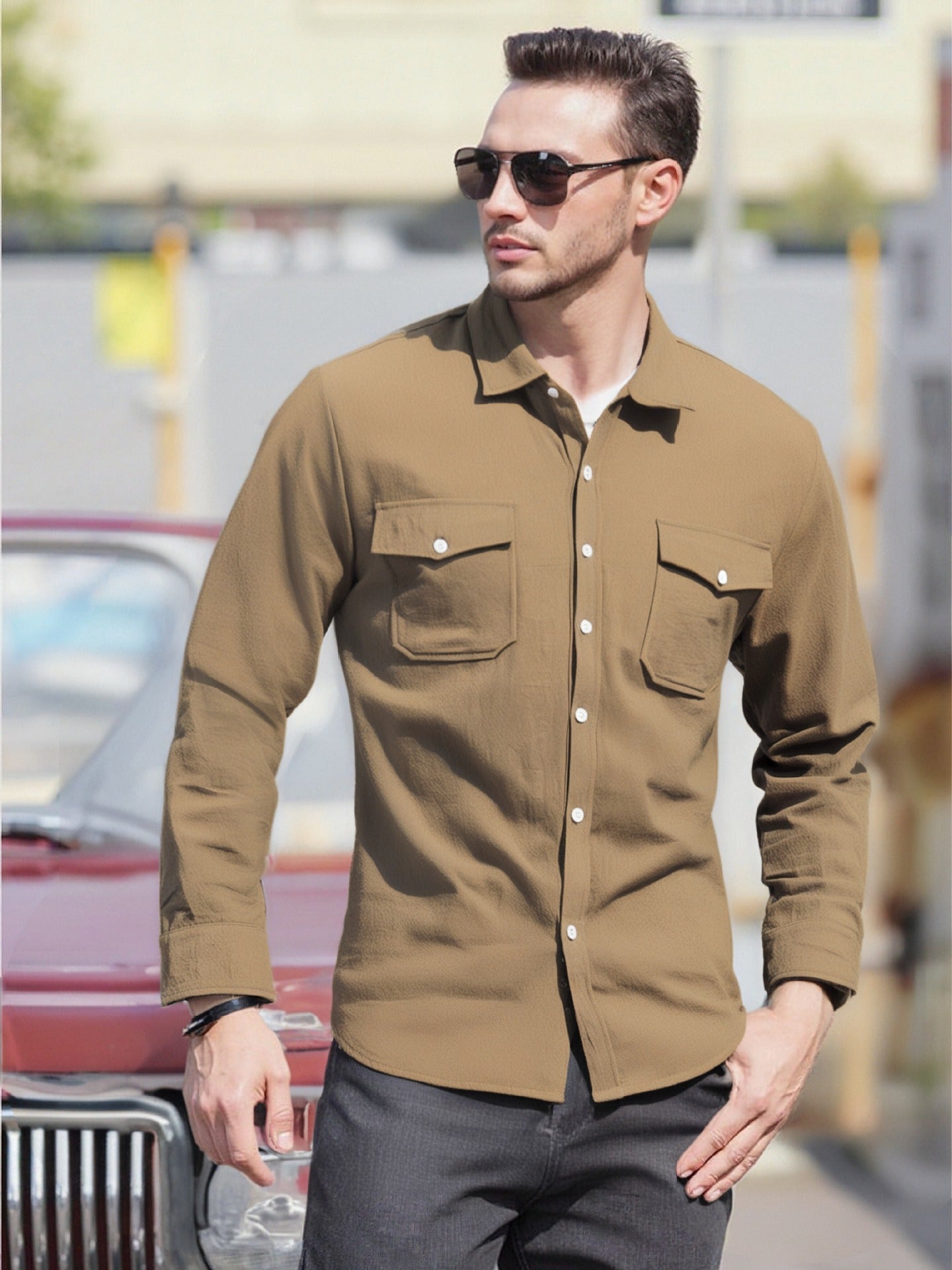 Herren Langarmhemd Modern mit Brusttaschen und Bequemem Schnitt