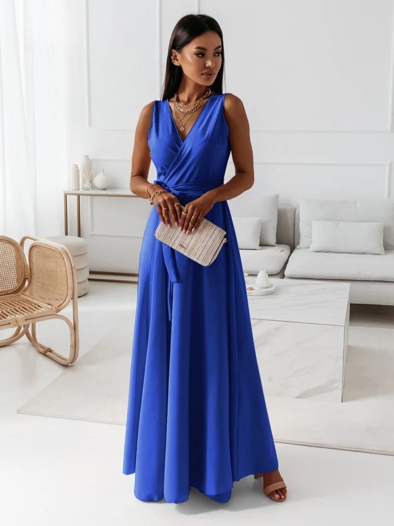 Elegantes Langkleid Damen V-Ausschnitt Einfarbig Abendkleid
