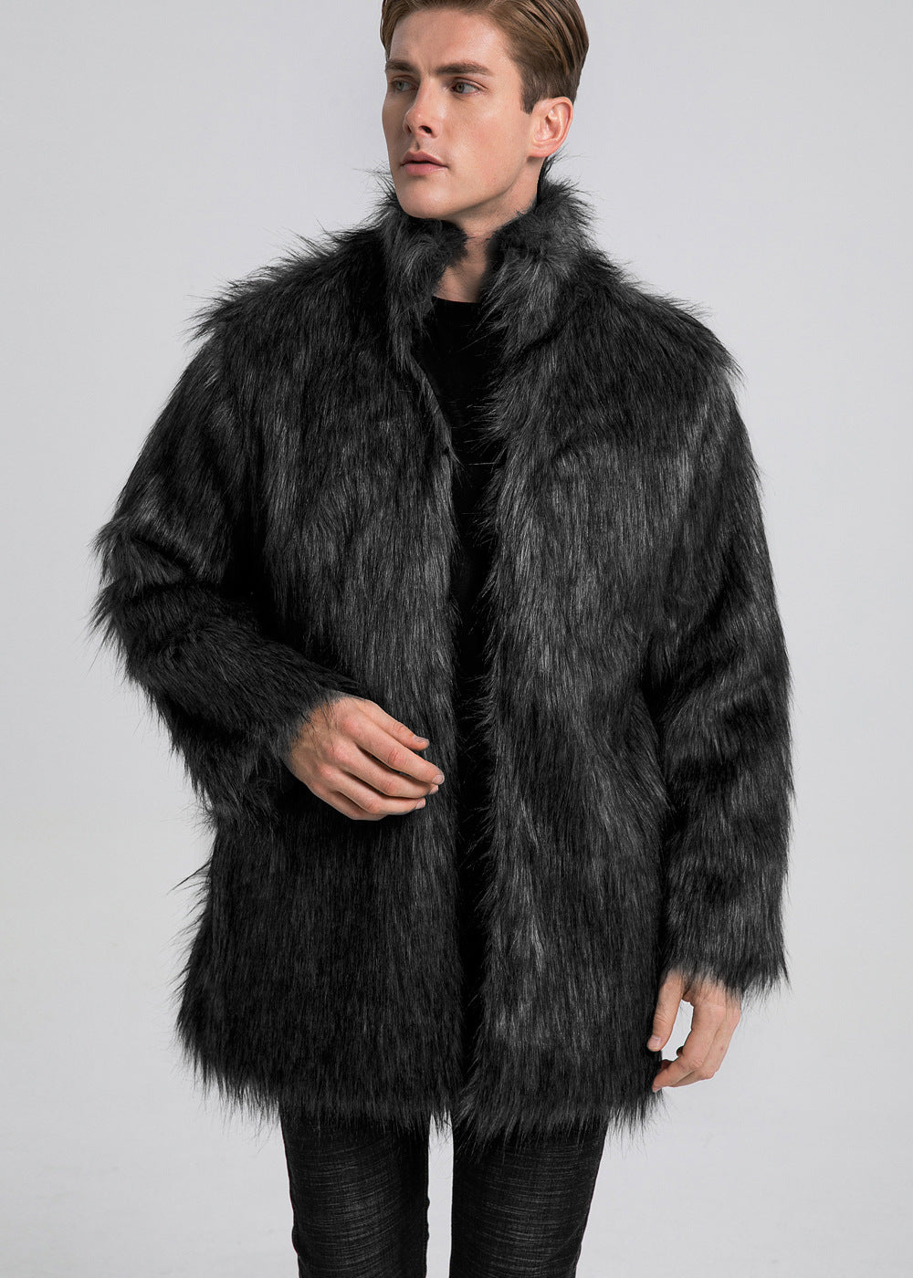 Herren Kunstfellmantel Lang Open Kragen Elegant Schwarz