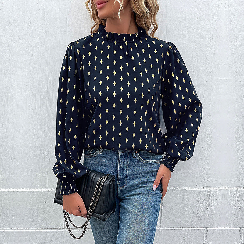 Elegante Damenbluse mit Musterdruck und Stehkragen