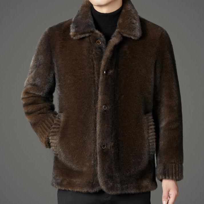 Herren Plüschjacke Elegante Knopfverschluss Schwarz