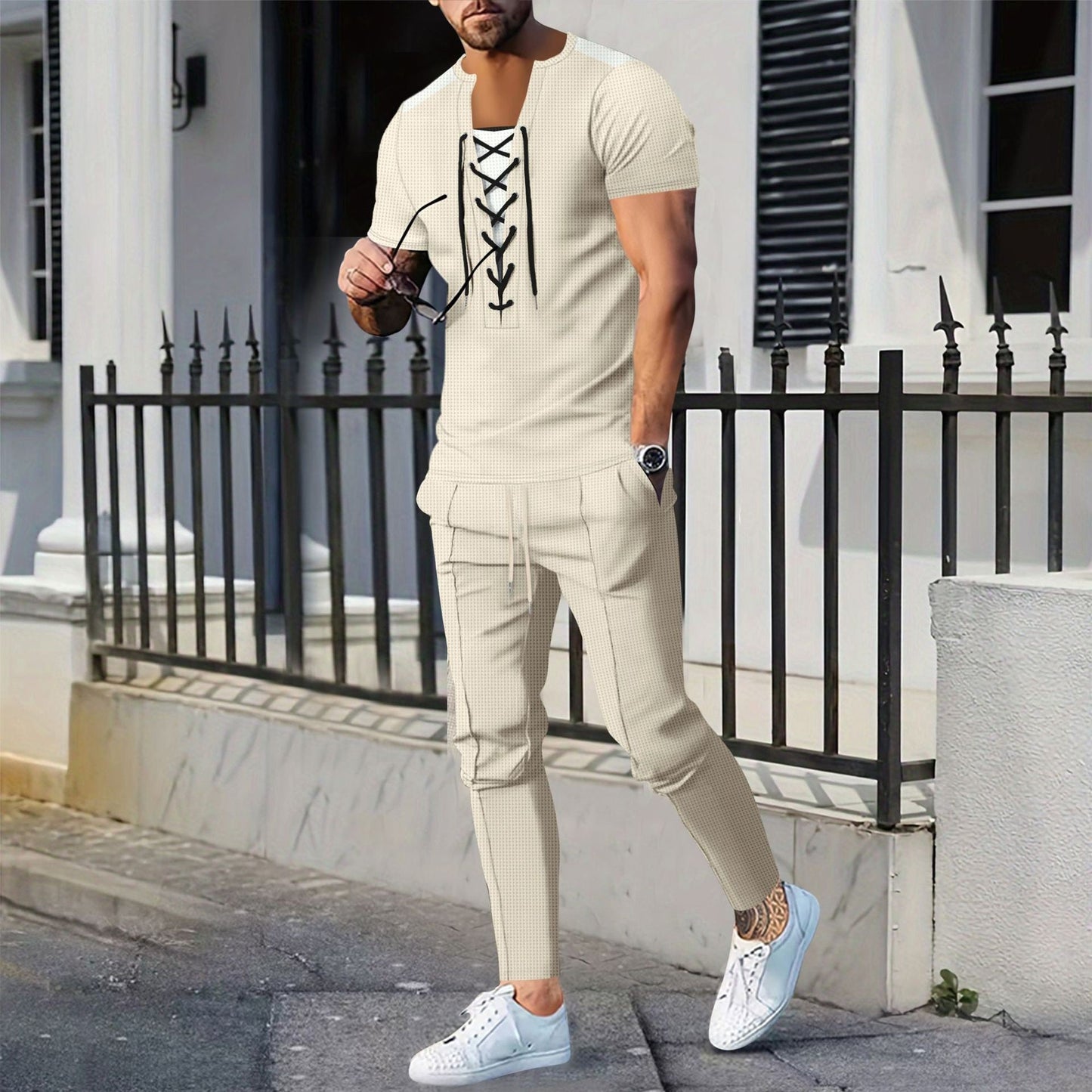 Herren T-Shirt Kurzarm Modern mit Schnürung und Struktur