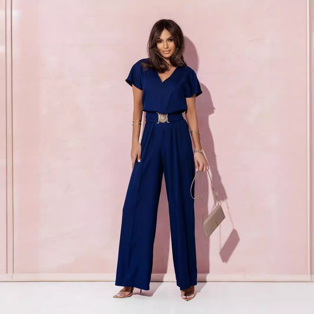 Damen Jumpsuit Weites Bein Gürtel Trendy Elegant