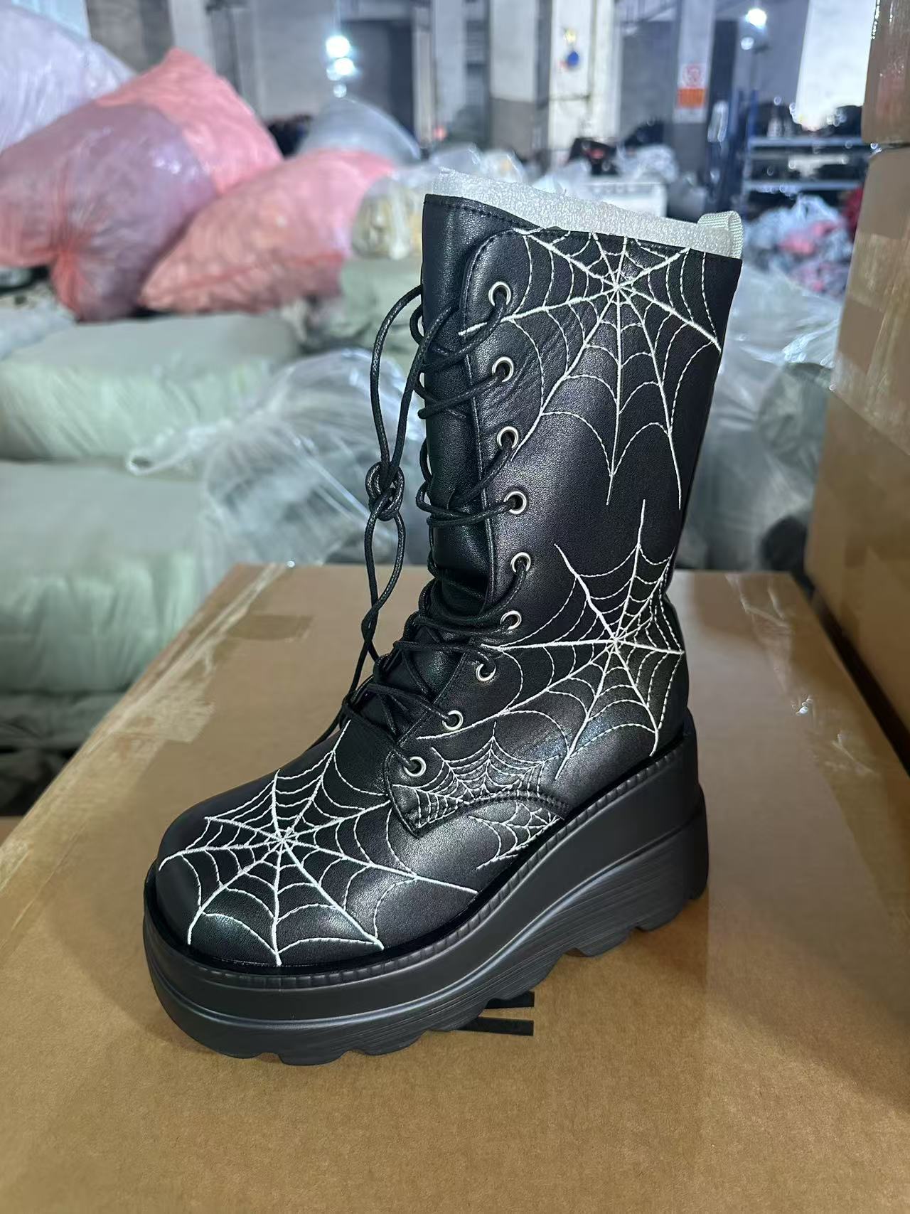 Damen Stiefel High-Top Plateau Spitze Mode Schwarz