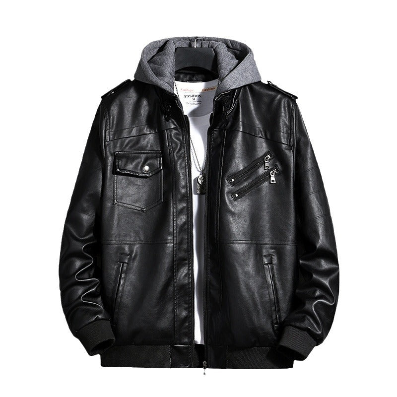 Herren Lederjacke Lässig Mit Kapuze und Taschen