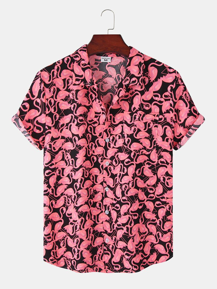 Herren Kurzarmhemd Flamingo Muster Leicht Sommer