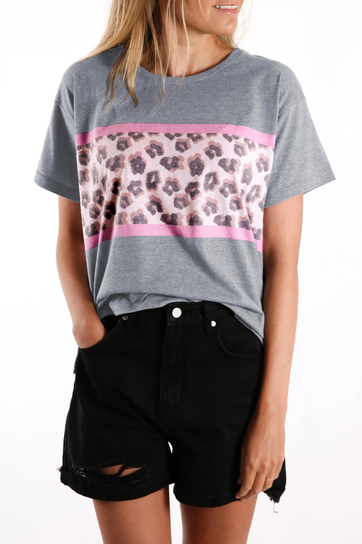 Damen T-Shirt Leopardenmuster Elastisch Glanzoptik