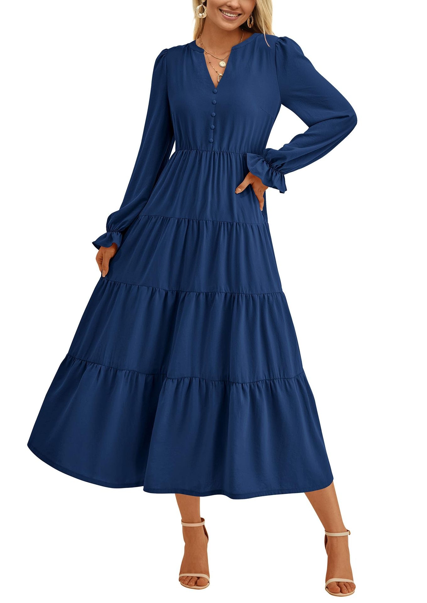 Damen Maxikleid Elegant Rüschendetails V-Ausschnitt Sommerkleid