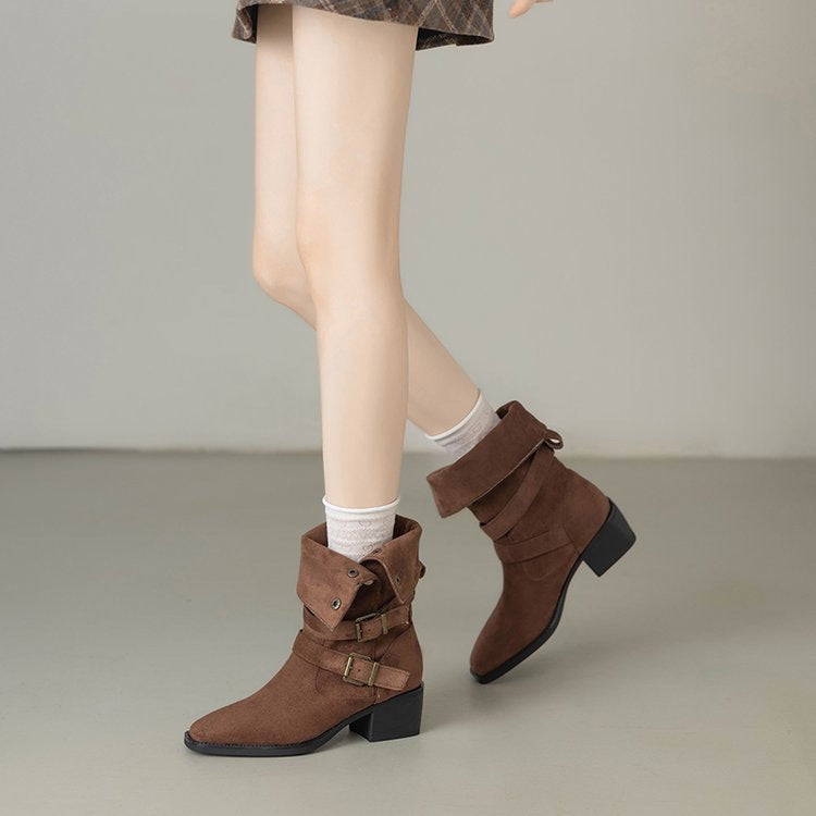 Damen Stiefel Schnällen Design Bequem Blockabsatz