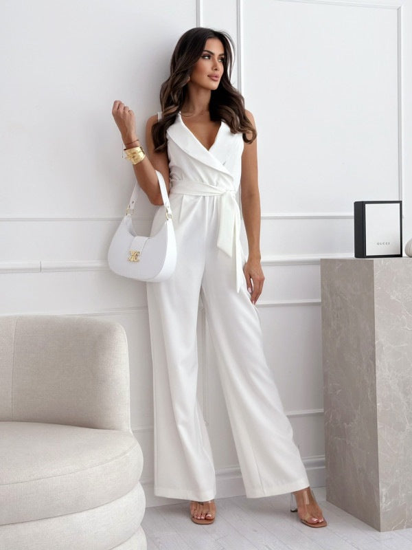 Damen Jumpsuit Ärmellos V-Ausschnitt Taillenverzierung Elegant