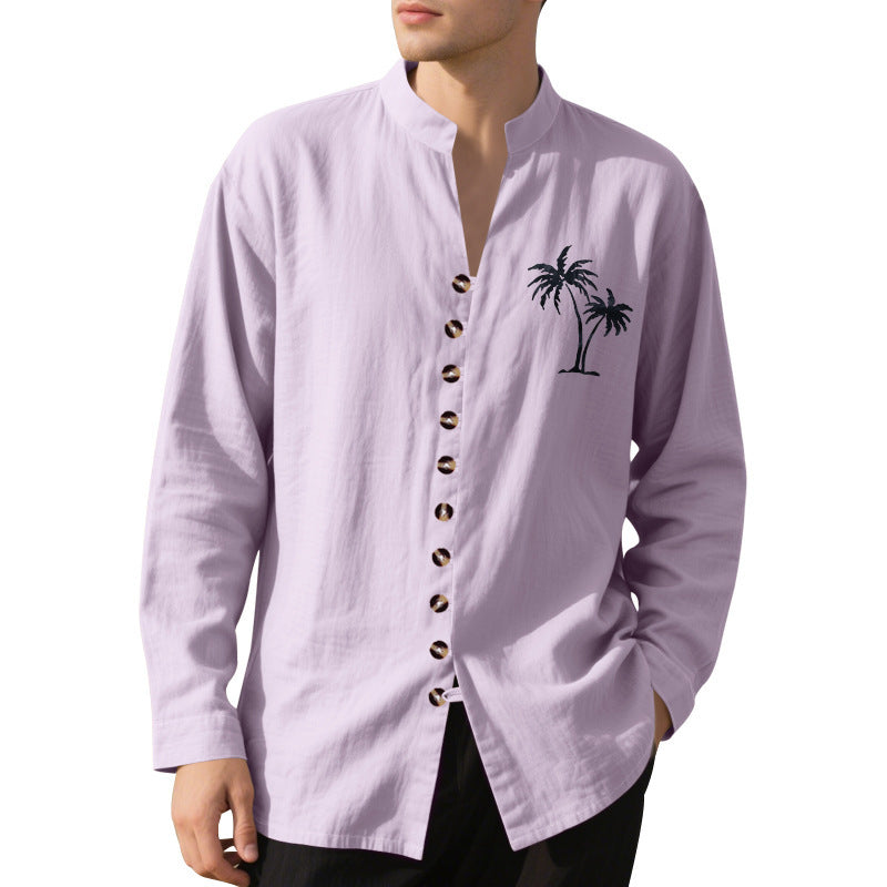Herren Langarmhemd Palmen Motiv Knopfleiste Trendy