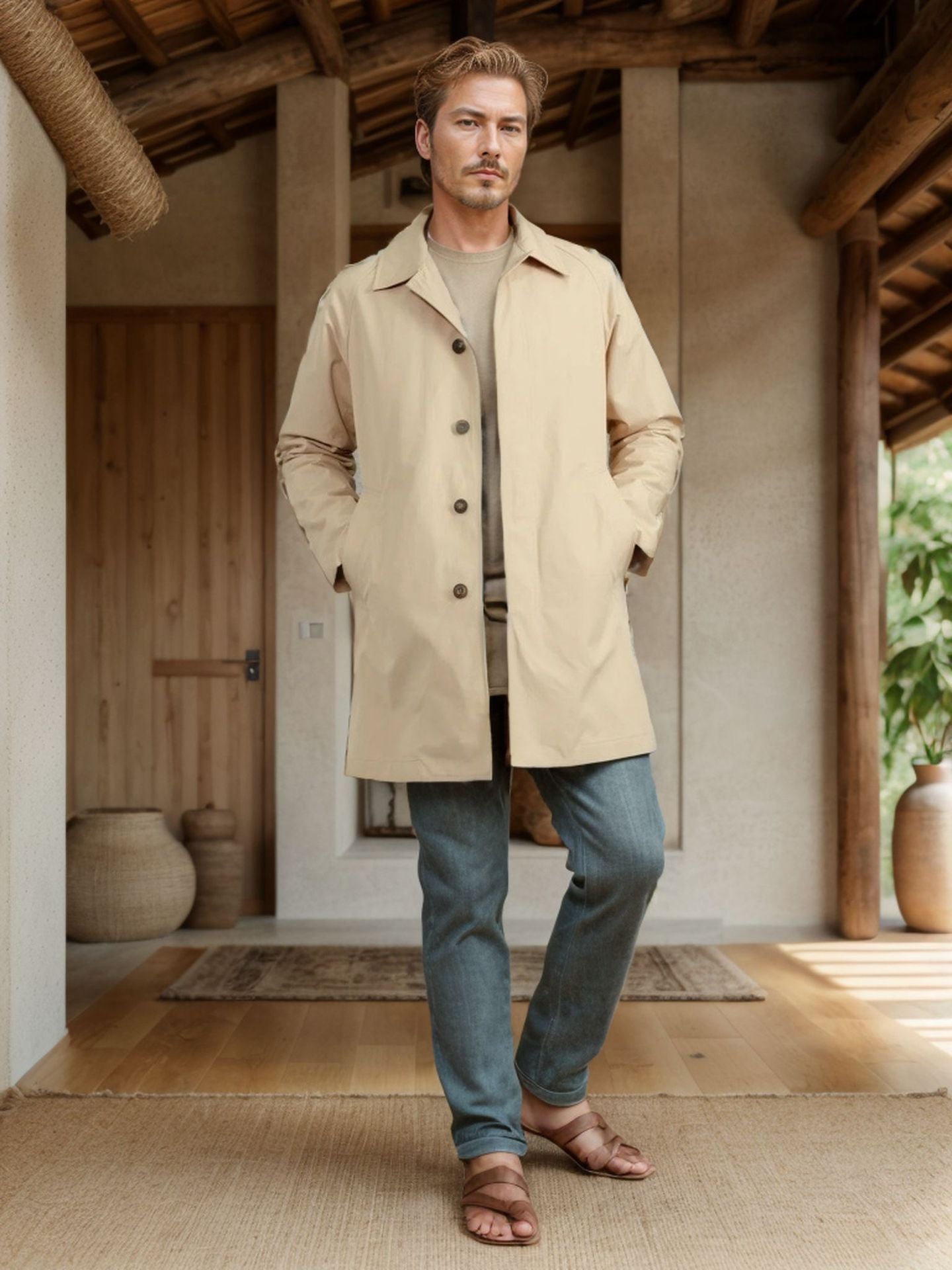 Herren Übergangsmantel Locker Geschnitten Elegant Beige