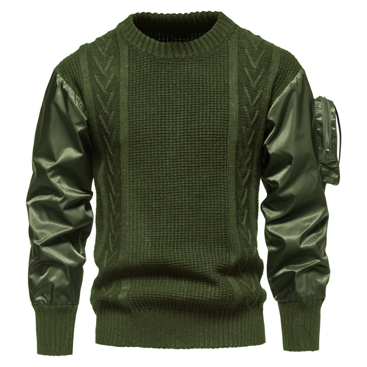 Herren Grobstrickpullover Modern mit Lederärmeln Schwarz