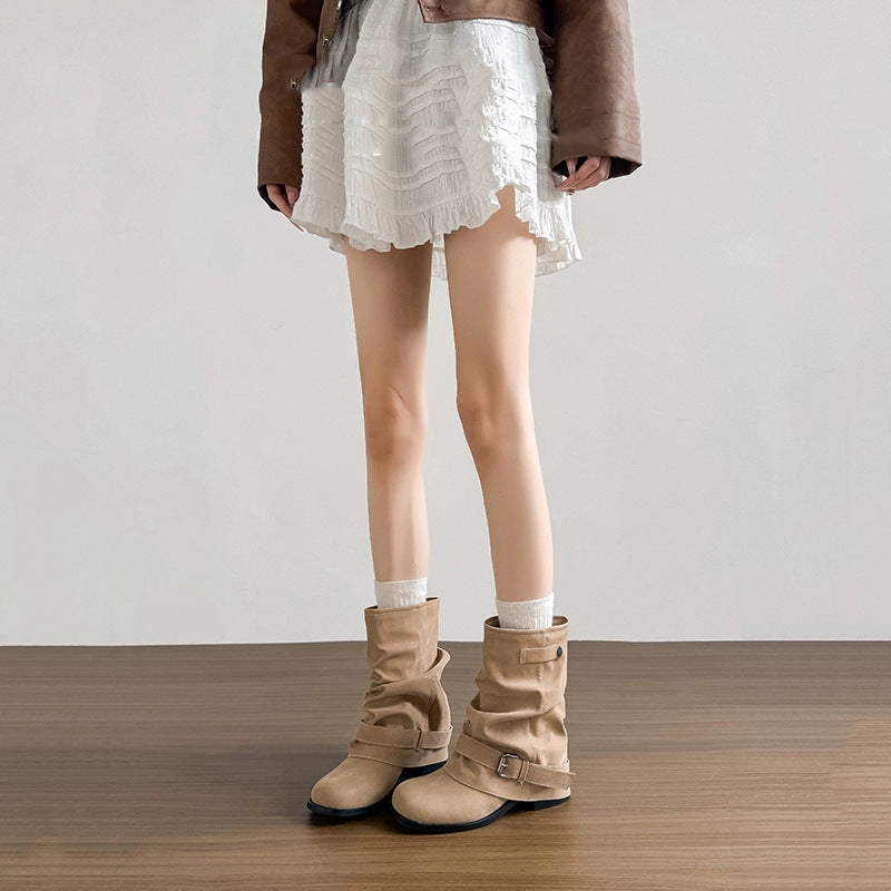 Damen Stiefeletten Lässig Falten Design Schnalle Elegant