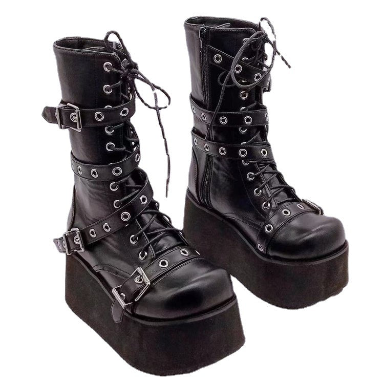 Damen Plateau-Stiefel Robust Leder Schnalle Hochhackig