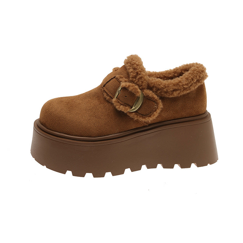 Damen Slipper Plüschig Warm mit Plateau und Schnalle