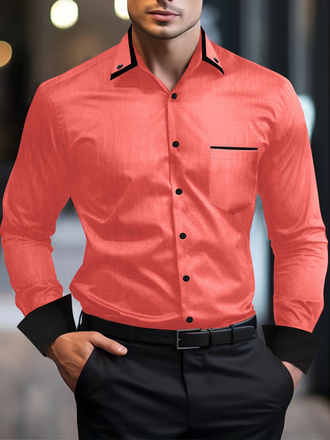 Herren Langarmhemd Modern mit Kontrastdetails Schwarz