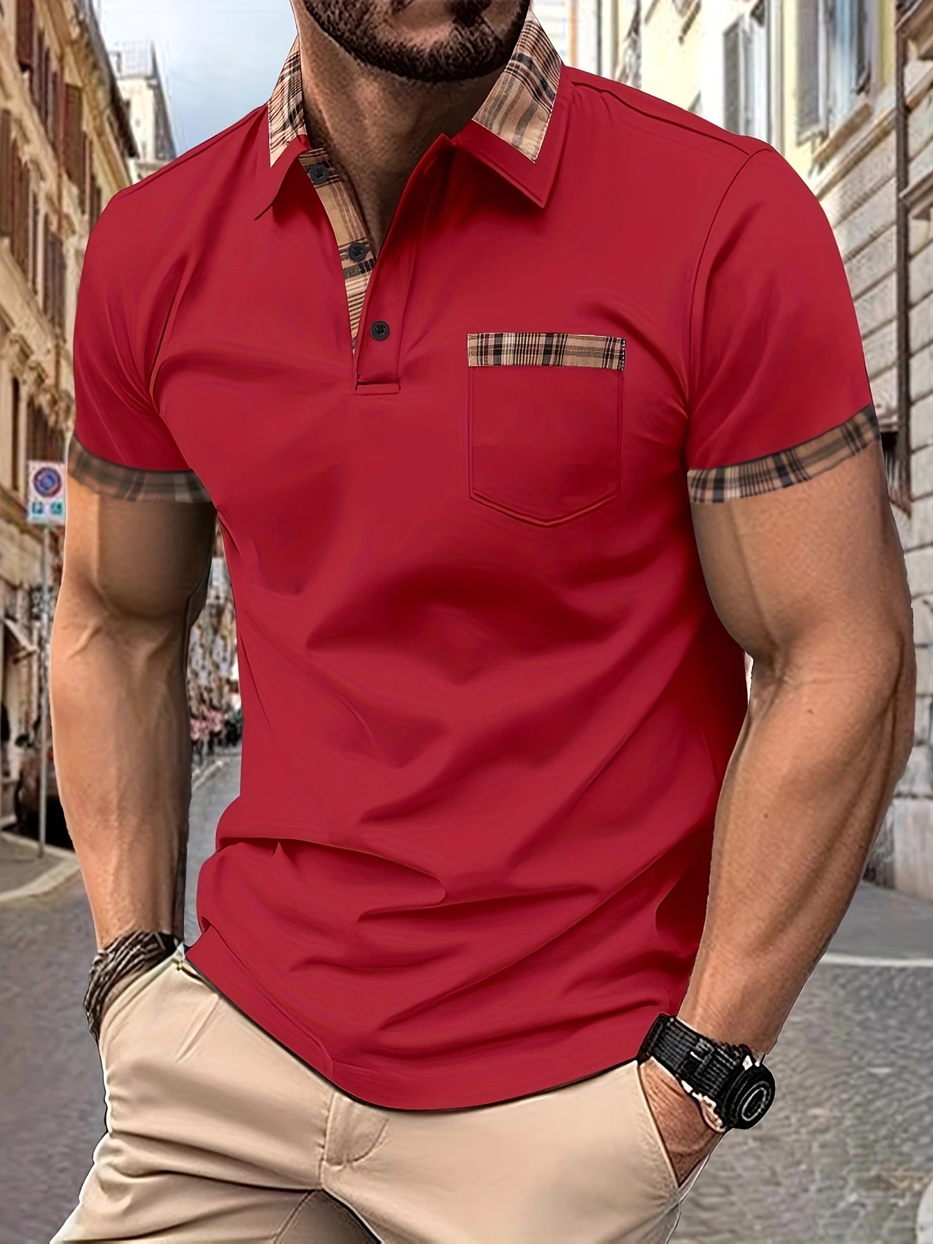 Herren Polohemd Kurzarm Kariert Modern
