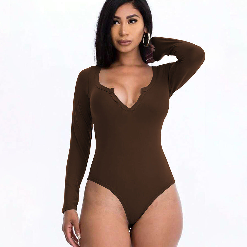Damen Body V-Ausschnitt Langarm Sexy