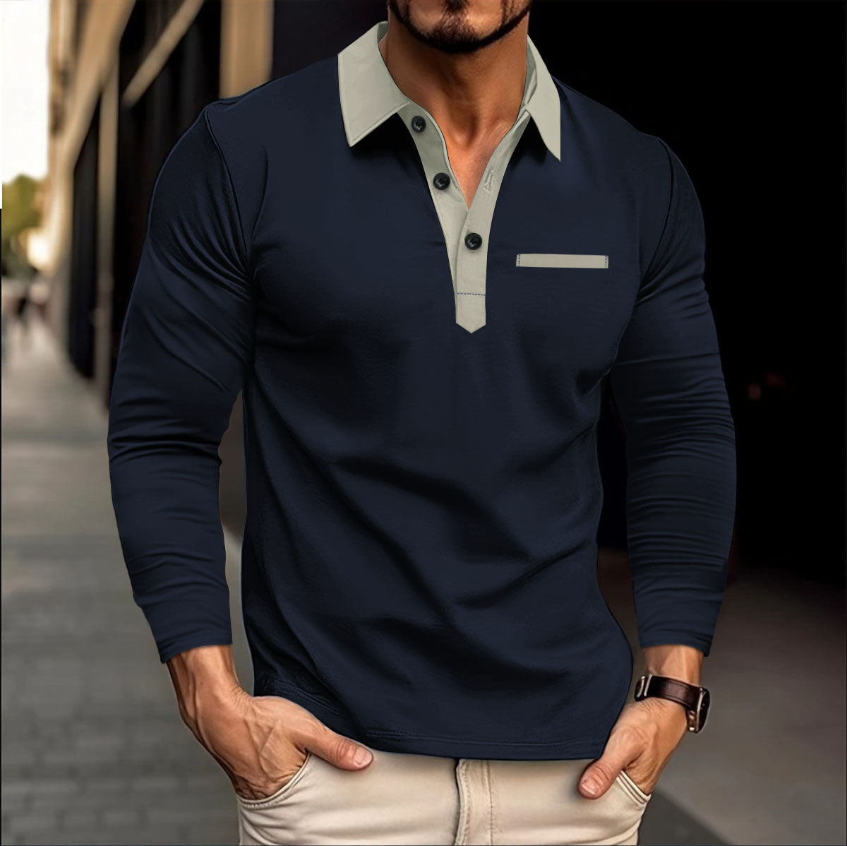 Herren Poloshirt Langarm Modern Kontrastkragen Slimfit