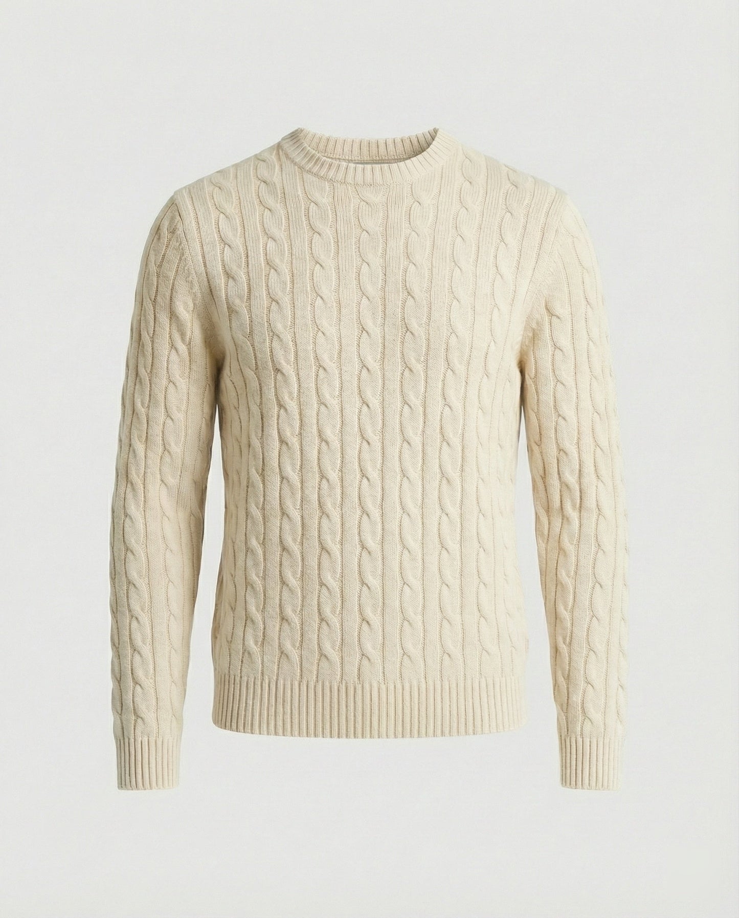 Herren Strickpullover Rundhals Beige Zopfmuster Locker Retro