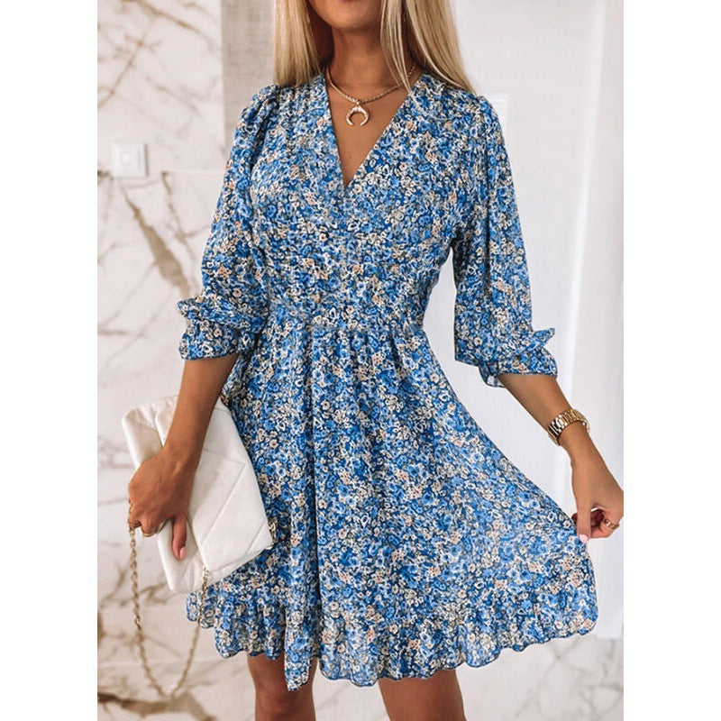 Damenkleid Bluse Romantisch Floral V-Ausschnitt Rüschenärmel