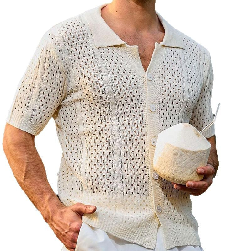 Herren Strickhemd Kurzarm Leicht Durchbrochen Modern