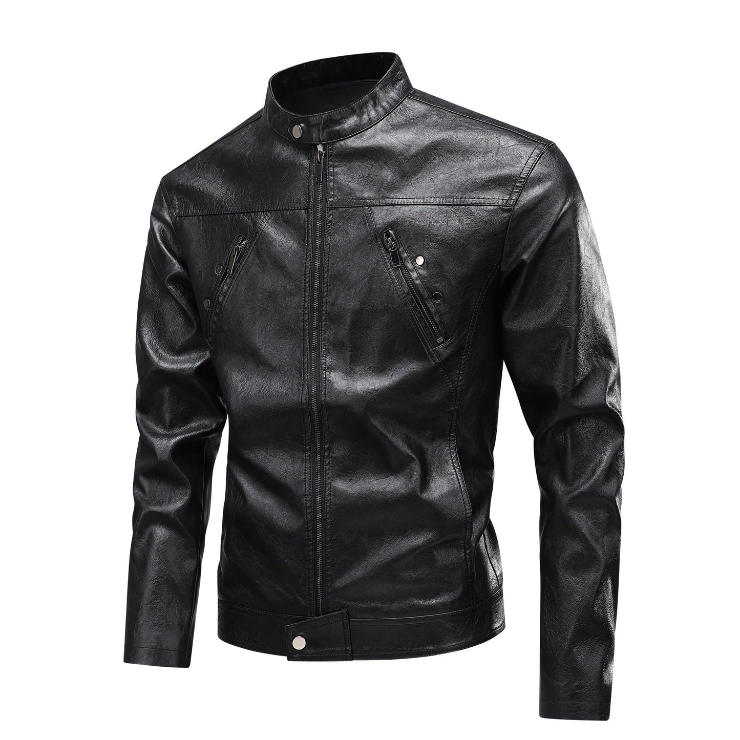 Lederjacke Herren Modern Reißverschluss Taschen Schwarz