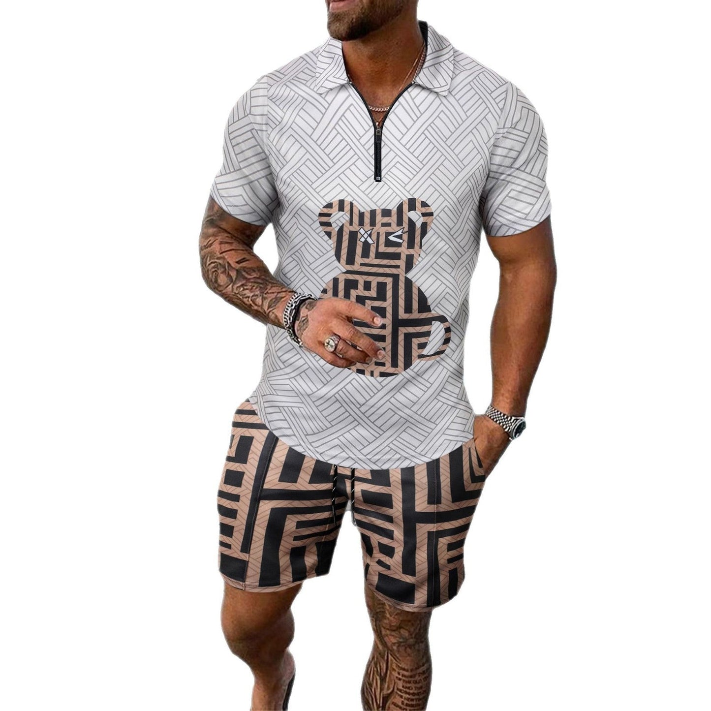 Herren Kurzarm-Shirt Set Sportlich Modern Mit Reißverschluss