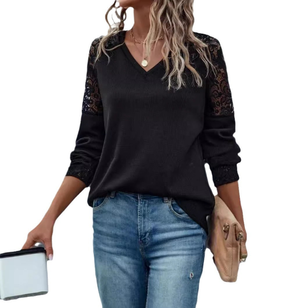 Damen Pullover V-Ausschnitt Spitze Ärmel Eleganz