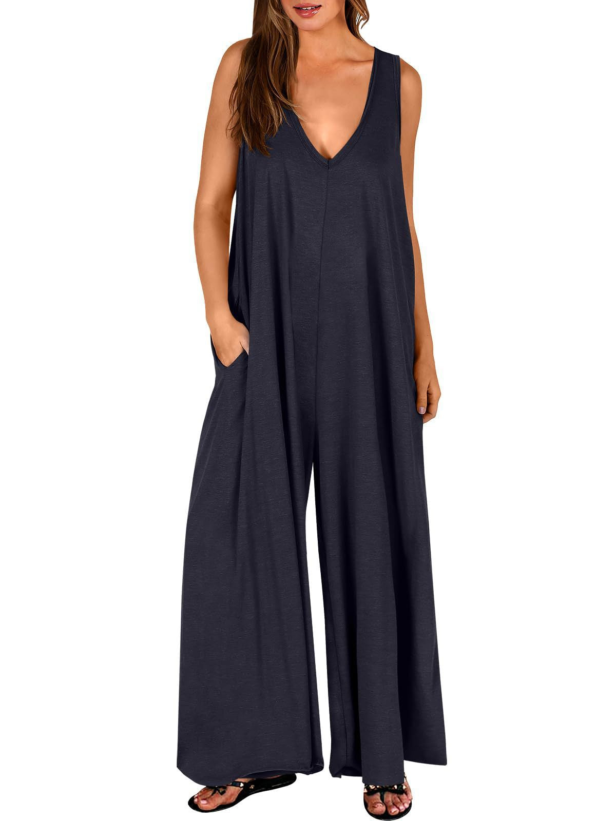 Damen Jumpsuit Locker Mit V-Ausschnitt Und Taschen