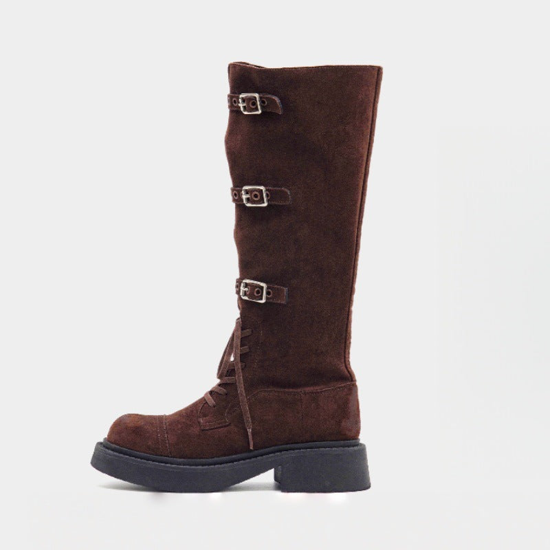 Damen Stiefel Overknee Plateau mit Schnallen Schwarz Modisch