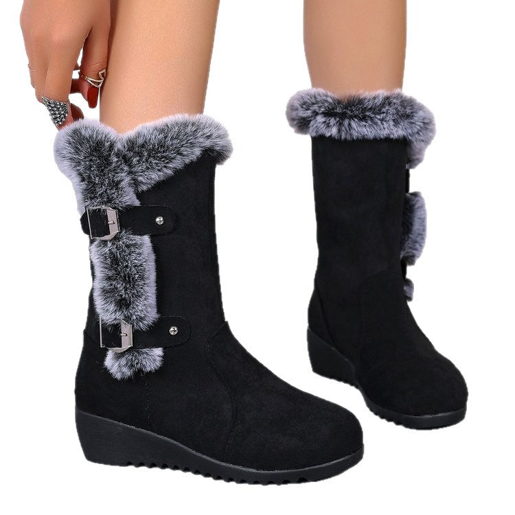 Damen Stiefel Wedge mit Kunstfellkragen und verstellbaren Schnallen