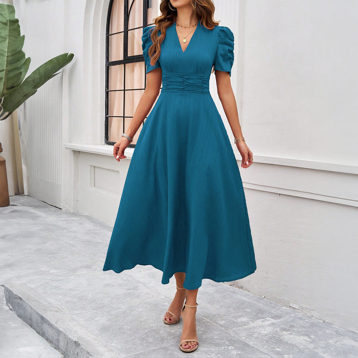 Damen Kleid Midi V-Ausschnitt Puffärmel Elegant